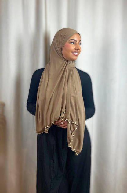 Hijab Jersey Frisé Premium - Marron clair vague doré N°55